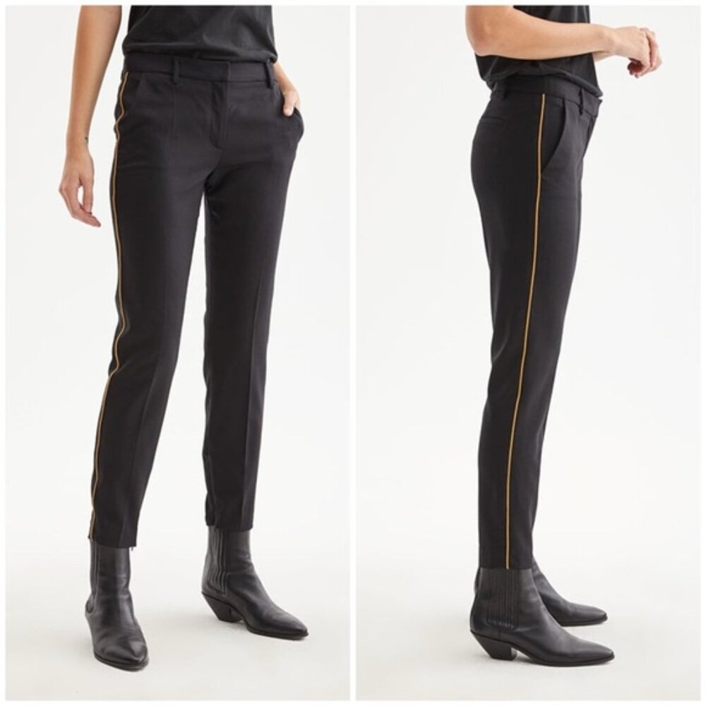 Nili Lotan Black Wool Leo Pants Tapered Leg Yellow Piping TuX Trouser Size 6